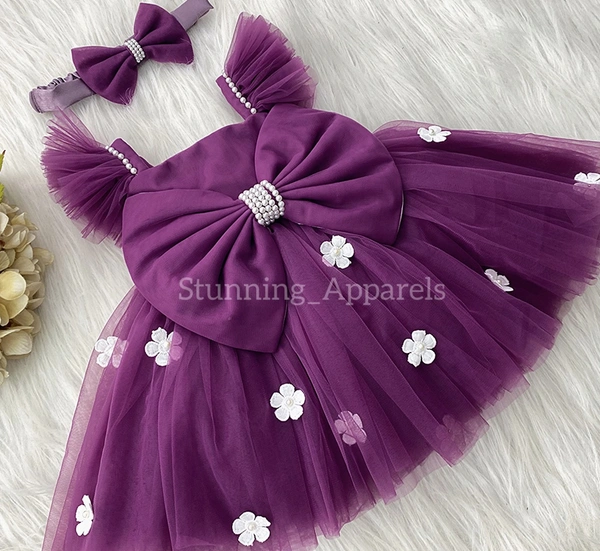 White Flower Straped Ruffled Deep Orchid Dress  - 6-9 Month