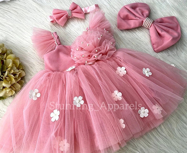 White Flower Straped Ruffled Peach Dress  - 4-5 Years