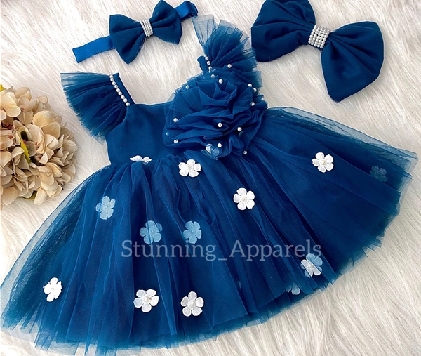 White Flower Work Strapped Ruffled Sleeves Teal Blue Dress  - 1-2 Years