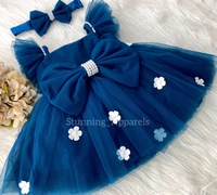 White Flower Work Strapped Ruffled Sleeves Teal Blue Dress  - 3-4 Years