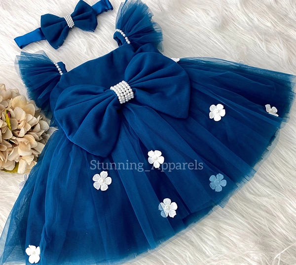 White Flower Work Strapped Ruffled Sleeves Teal Blue Dress  - 3-4 Years