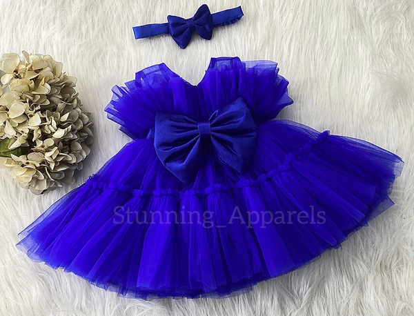 Satin Bow Stulish Ruffled Royal Blue Dress  - 5-6 Years