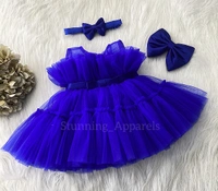 Satin Bow Stulish Ruffled Royal Blue Dress  - 0-3 Month