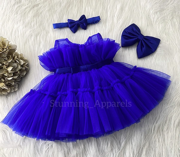 Satin Bow Stulish Ruffled Royal Blue Dress  - 0-3 Month