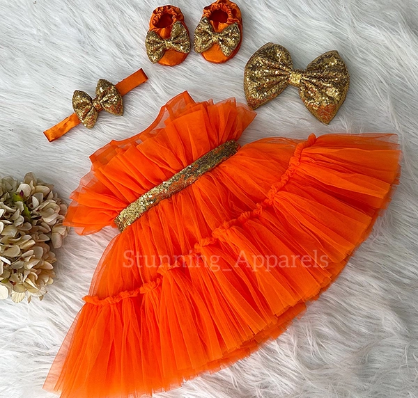 Golden Sequins Bow Ruffled Orange Dress - 5-6 Years