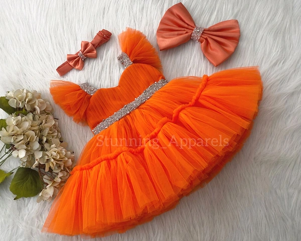 Sweetheart Ruffled Sleeves Orange Dress  - 1-2 Years