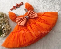 Sweetheart Ruffled Sleeves Orange Dress  - 1-2 Years