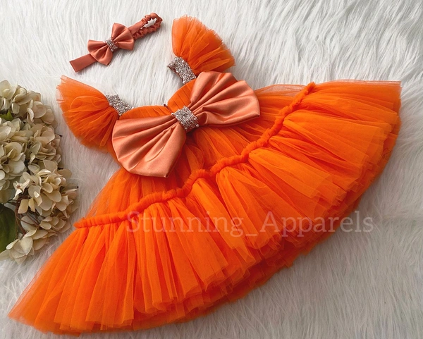 Sweetheart Ruffled Sleeves Orange Dress  - 1-2 Years