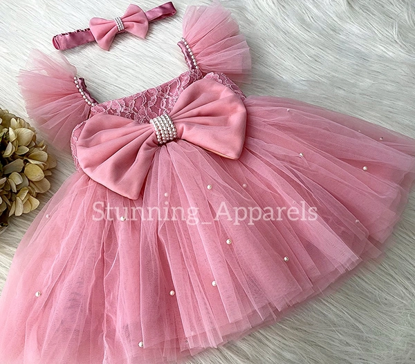 White Pearls Work Strapped Sleeves Peach Dress  - 9-12 Month