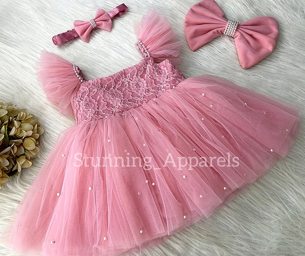 White Pearls Work Strapped Sleeves Peach Dress  - 4-5 Years