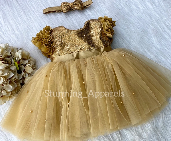 Cape Sleeves Flower Work Golden Dress  - 2-3 Years