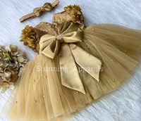 Cape Sleeves Flower Work Golden Dress  - 4-5 Years