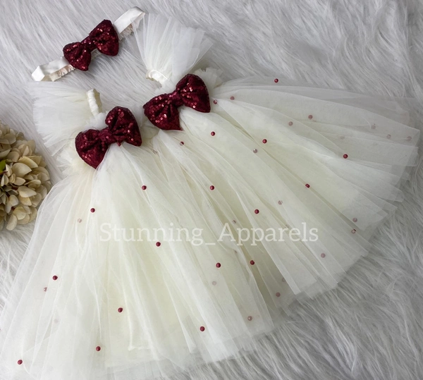Maroon Sequins Bow Cream Umbrella Dress  - 3-6 Month