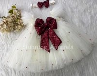 Maroon Sequins Bow Cream Umbrella Dress  - 3-6 Month