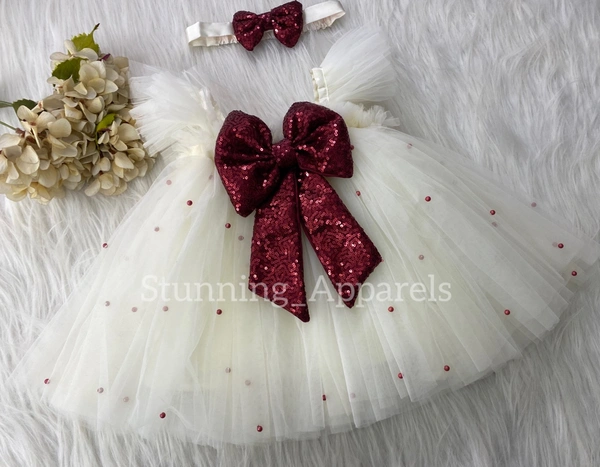 Maroon Sequins Bow Cream Umbrella Dress  - 3-6 Month