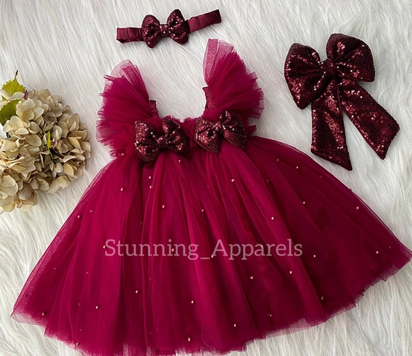 Maroon Sequins Bow Ruby Red Dress  - 6-9 Month