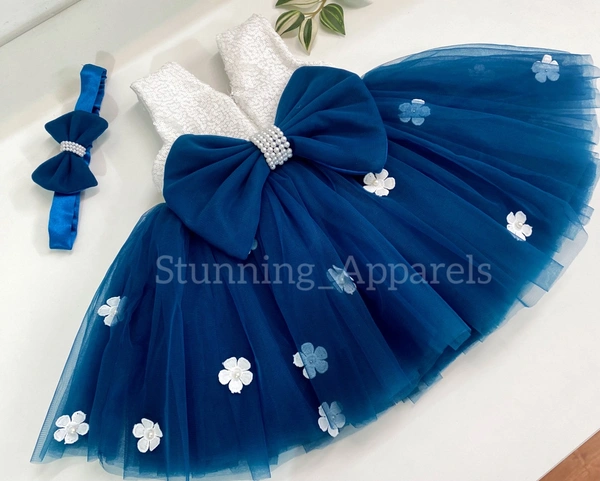White Flower Work Milky Sequins Teal Blue Dress  - 2-3 Years