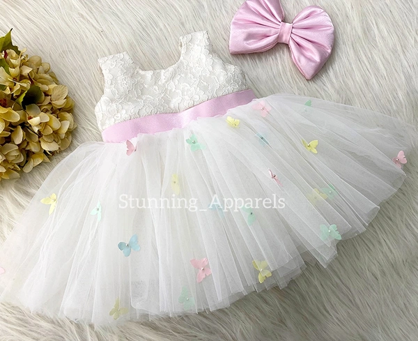 Baby Pink Satin Bow Butterfly Party Wear Dress  - 6-9 Month