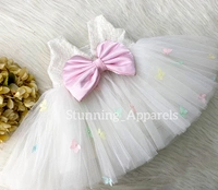 Baby Pink Satin Bow Butterfly Party Wear Dress  - 6-9 Month