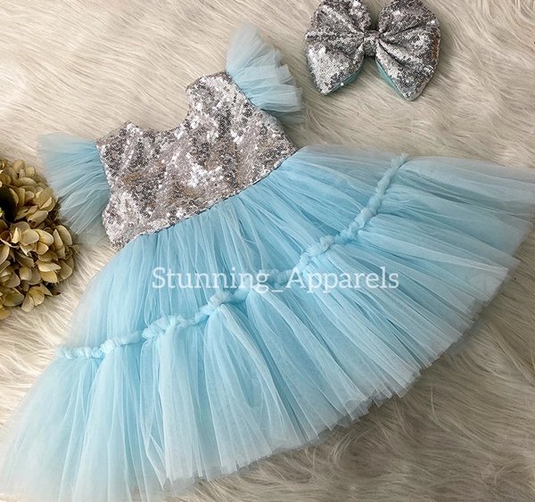 Silver Sequins Bow Party Wear Sky Blue Dress  - 9-12 Month