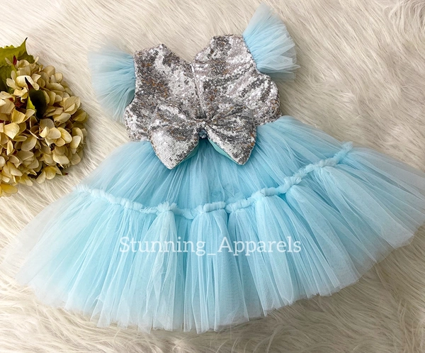 Silver Sequins Bow Party Wear Sky Blue Dress  - 3-4 Years