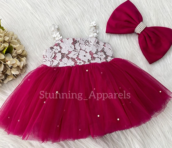 Strapped Flower Work Cute Dark Magenta Dress  - 0-3 Month