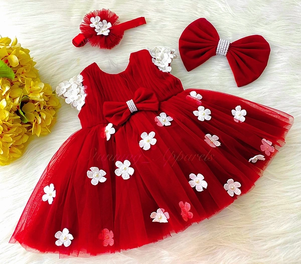 Cape Sleeves White Flower Work Red Dress  - 0-3 Month