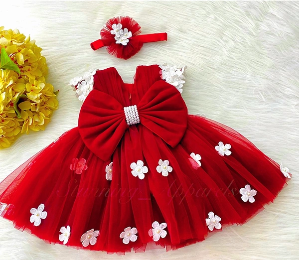 Cape Sleeves White Flower Work Red Dress  - 0-3 Month