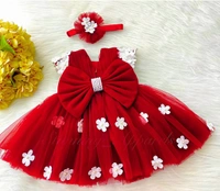 Cape Sleeves White Flower Work Red Dress  - 9-12 Month