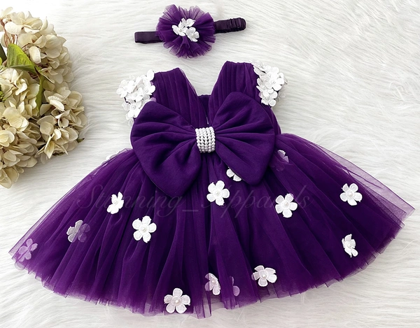 Cape Sleeves Flower Work Purple Dress  - 4-5 Years