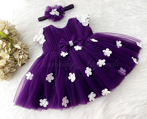 Cape Sleeves Flower Work Purple Dress  - 4-5 Years