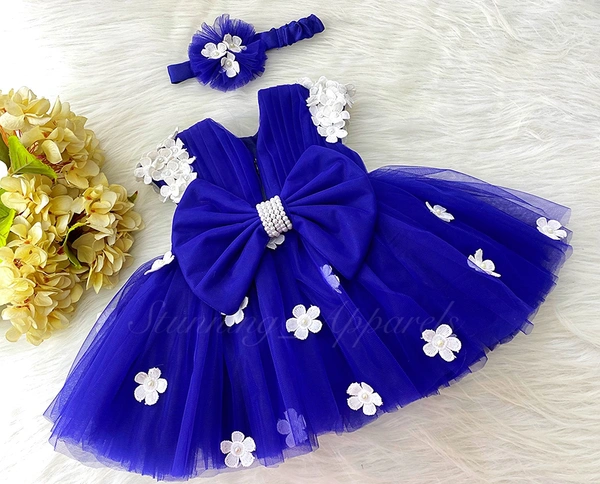 Cape Sleeves Flower Work Royal Blue Dress  - 9-12 Month