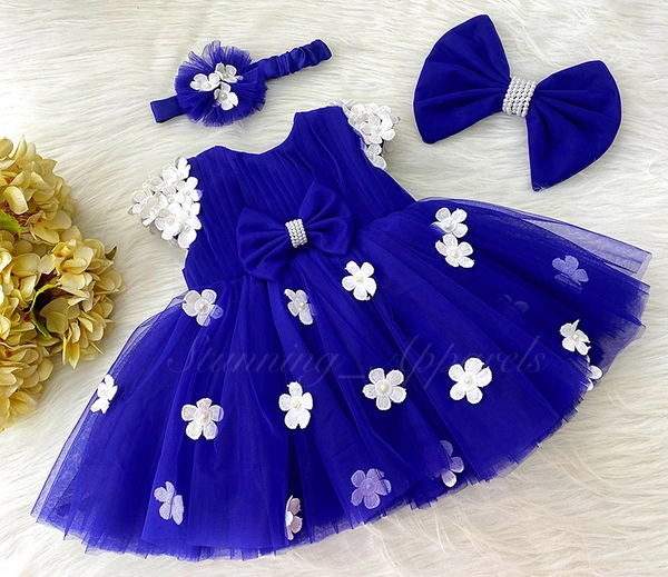 Cape Sleeves Flower Work Royal Blue Dress  - 9-12 Month
