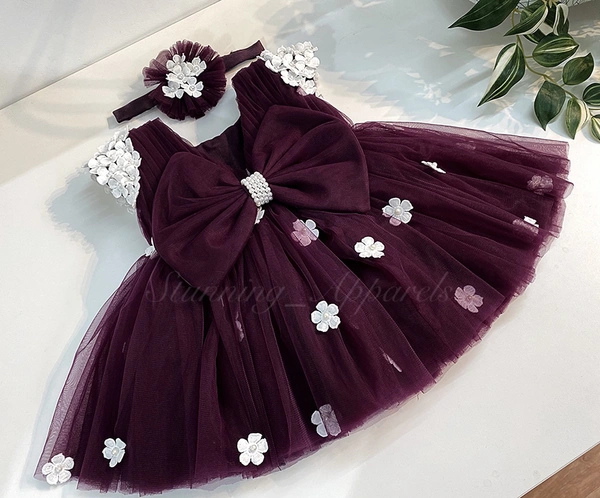 Cape Sleeves White Flower Work Wine Dress  - 3-4 Years