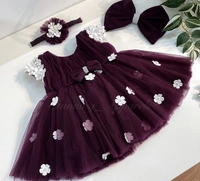 Cape Sleeves White Flower Work Wine Dress  - 3-4 Years