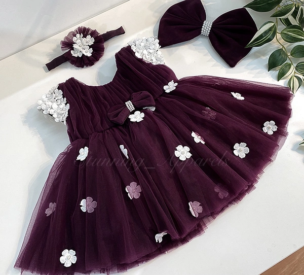 Cape Sleeves White Flower Work Wine Dress  - 3-4 Years