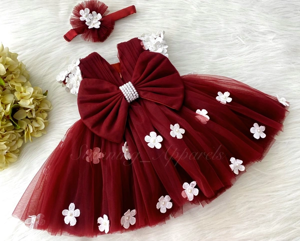 Cape Sleeves White Flower Work Maroon Dress  - 0-3 Month