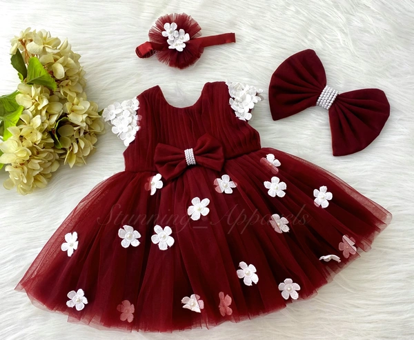 Cape Sleeves White Flower Work Maroon Dress  - 0-3 Month