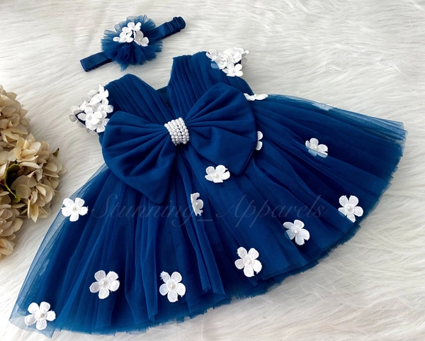 Cape Sleeves White Flower Work Teal Blue Dress  - 6-9 Month