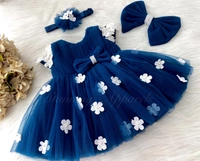 Cape Sleeves White Flower Work Teal Blue Dress  - 6-9 Month