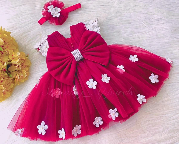 Cape Sleeves White Flower Work Magenta Pink Dress  - 0-3 Month