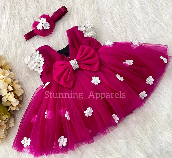 Cape Sleeves White Flower Work Magenta Pink Dress  - 4-5 Years