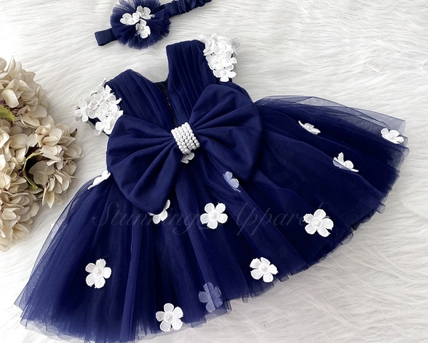 Cape Sleeves Flower Work Nany Blue Dress  - 9-12 Month