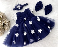Cape Sleeves Flower Work Nany Blue Dress  - 9-12 Month