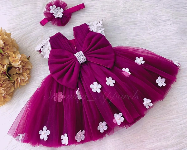 Cape Sleeves White Flower Work Rani Pink Dress  - 9-12 Month