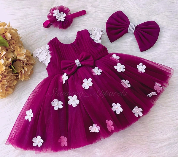 Cape Sleeves White Flower Work Rani Pink Dress  - 1-2 Years