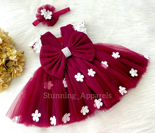 Cape Sleeves White Flowerw Ork Ruby Pink Dress  - 9-12 Month