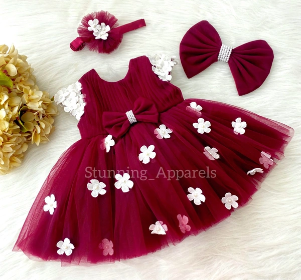 Cape Sleeves White Flowerw Ork Ruby Pink Dress  - 9-12 Month