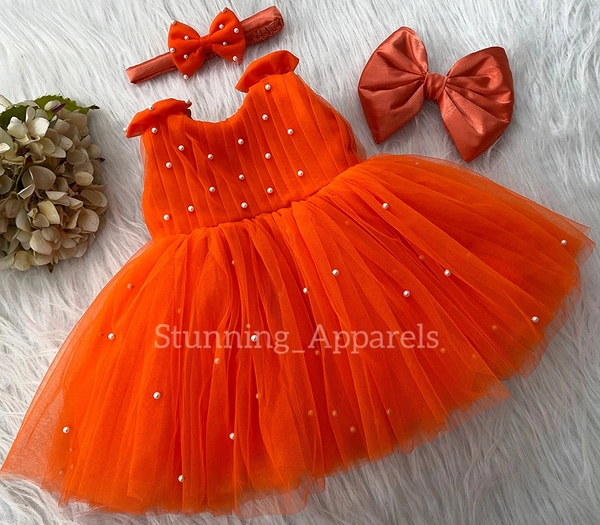 Shoulder Bow Pearls Work Orange Dress  - 0-3 Month