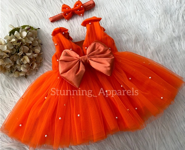 Shoulder Bow Pearls Work Orange Dress  - 0-3 Month